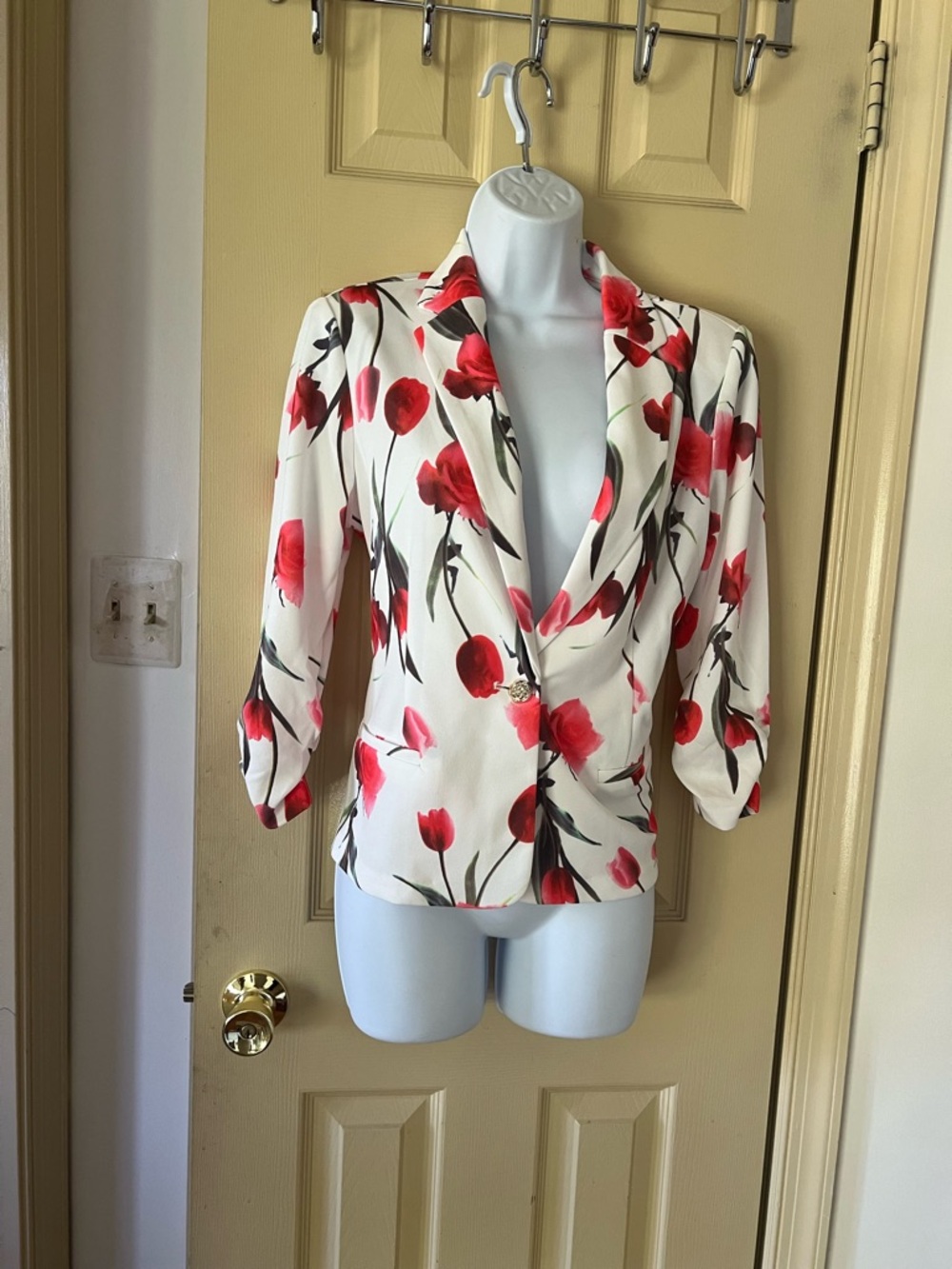 New York & Company Cream Blazer with Red Floral Print
